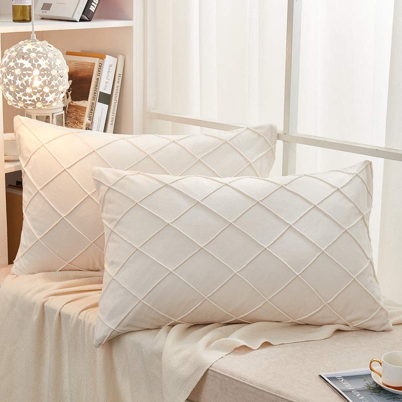 JAUXIO Diamond Pinch Pleated Crystal Velvet Pillowcases 2 Pack Solid Pintuck Throw Cushion Cover for Home Decor Hidden Zipper Closure (Cream, Standard) - Image 1